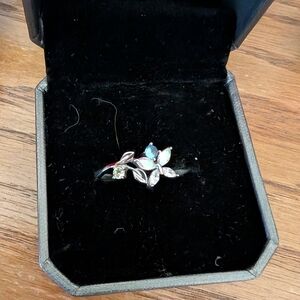 Elegant Silver Floral Ring with Blue and Green Accents